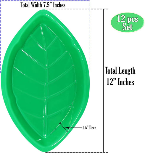 Palm Leaf Serving Trays | 12 Pcs Green Plastic Hawaiian Snack Trays | Tropical Party Serving Platter for BBQ, Summer
