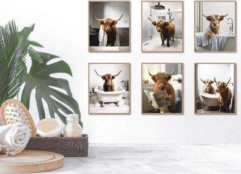 MINI ZOZI Cow Bathroom Decor 8x10, 6PCS Canvas Pictures Wall Decor Funny Highland Cow Prints Art