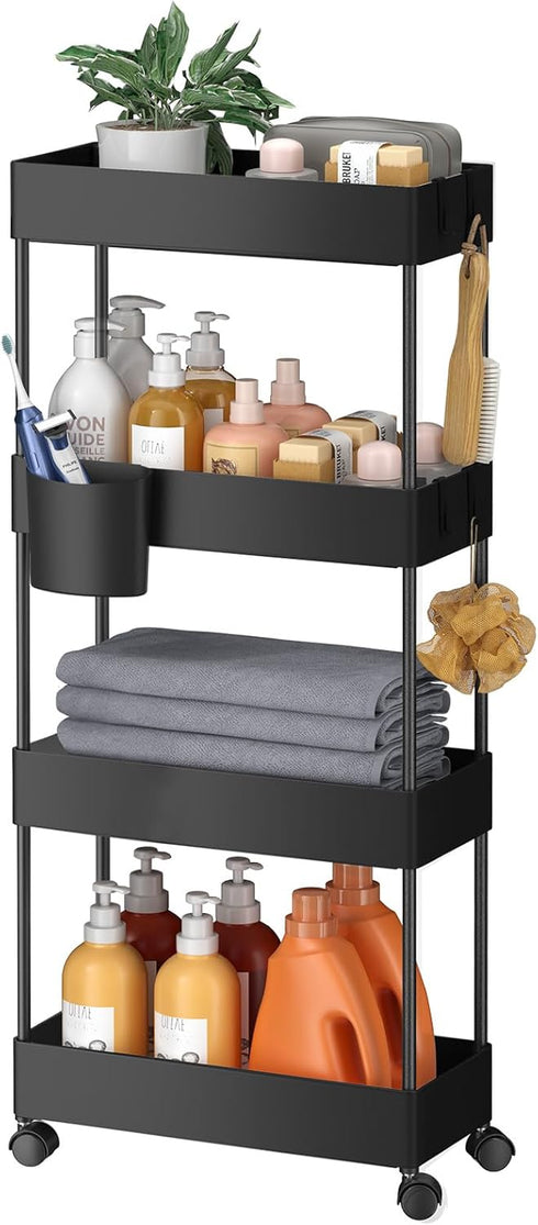 Pipishell Slim Storage Cart with Wheels, Bathroom Organizer for Small Spaces, Rolling Cart for Bathroom, Black