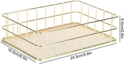 Wire Mesh Basket, Golden Desktop Metal Storage Tray for Home Cosmetic Stationery (9.6 x 6.5 x 2.6in)