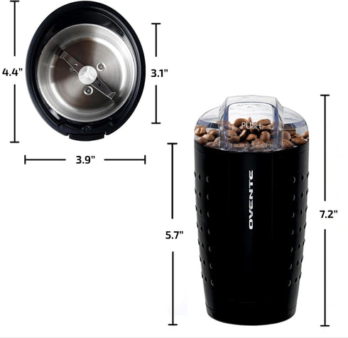OVENTE Black Electric Coffee Grinder - Compact Grinding Mill with Stainless Blade for Beans, Spices, Herb, Tea