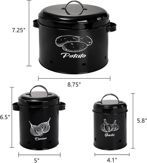 3 Pack Set, Frcctre Vegetable Storage Tins, Potato Onion Garlic Storage Canister Black Metal Kitchen Vegetable Keeper