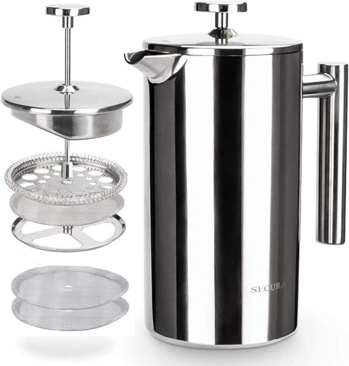 Secura French Press Coffee Maker, 34oz, 304 Grade Stainless Steel, Insulated, 2 Extra Screens