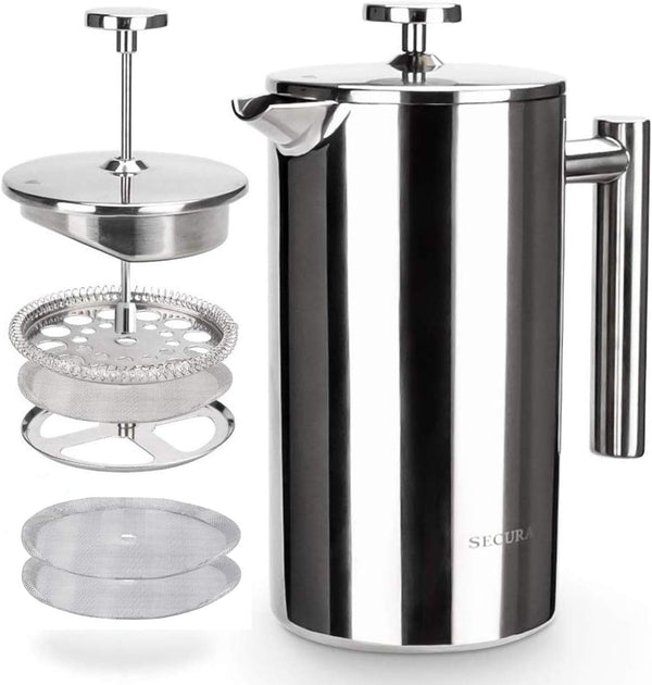 Secura French Press Coffee Maker, 34oz, 304 Grade Stainless Steel, Insulated, 2 Extra Screens