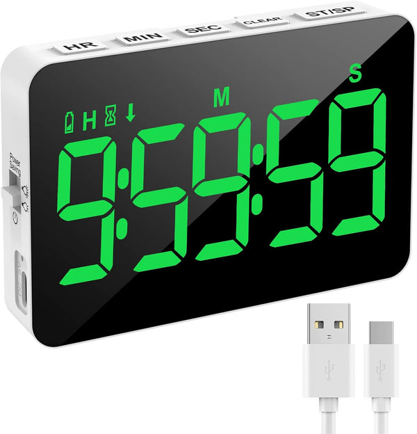 Rechargeable Digital Kitchen Timer for Cooking, Magnetic Timer with 5” LED Display, Adjustable Brightness and Volume,