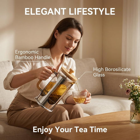 34 oz, 8 1000ml Sivaphe No-Plastic French Press Coffee Maker Borosilicate Glass Bamboo Lid and Handle Coffee Tea Press