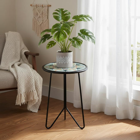 12" LIFFY Patio Side Table, Outdoor Metal Side Table with Glass Top, Indoor Round Accent End Table for Living Room