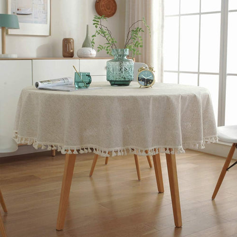 60 Inch, meioro Linen Round Tablecloth, Fabric Circle Table Cloth with Tassels, Washable Wrinkle Free Table Cover Boho
