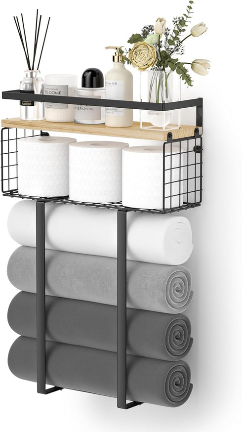 Bathroom Towel Racks, Metal Towel Holder with Storage Basket, Wall Rack for Rolled Towels, Small Bathroom Shelves.