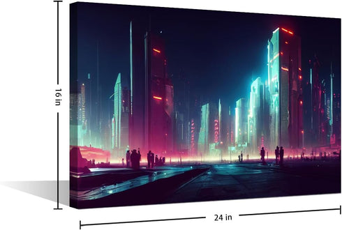 Wall Art Black and White Pictures for Living Room, Cyberpunk City Painting Prints on Canvas, 24x16 in House Decor