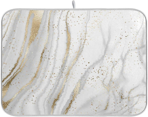 Marble Dish Drying Mat for Kitchen Counter, White Golden Marble Grey Drying Pad, Super Absorbent Microfiber Protector