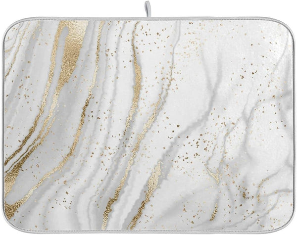 Marble Dish Drying Mat for Kitchen Counter, White Golden Marble Grey Drying Pad, Super Absorbent Microfiber Protector