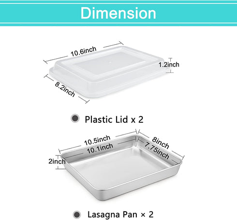 TeamFar Rectangular Cake Pans with Lids, 10.5’’ x 8’’ x 2’’ Stainless Steel Lasagna Brownie Pan For Baking Roasting, Healthy & Solid, Brushed Surface & Dishwasher Safe, (2 Pans+2 Lids)