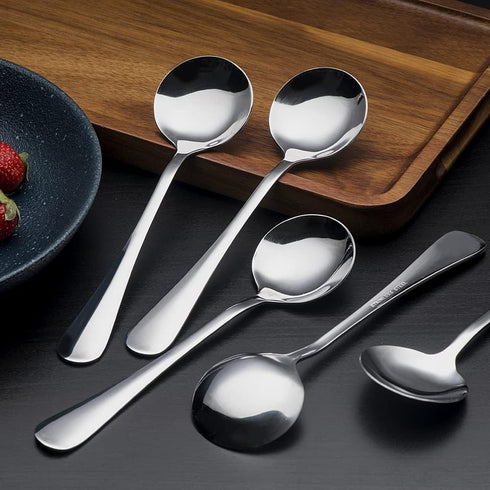 HAPPY KIT 12 Pcs Premium Stainless Steel Soup Spoons Set, Heavy-Weight Durable Round Flatware