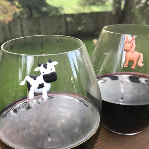 Set of 6 Barnyard Animal Wine Charms – Magnetic Glass Markers and Identifiers
