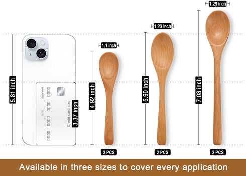 UANJBYO 6 Set 3 (4.9", 5.9", 7.1") Piece Small Wooden Spoons - Premium Beech Wood Spoons in Sizes for Honey, Tea