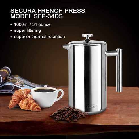 Secura French Press Coffee Maker, 34oz, 304 Grade Stainless Steel, Insulated, 2 Extra Screens