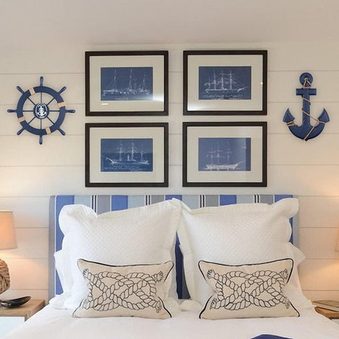 MDLUU Wooden Nautical Ship Steering Wheel, 11" Navy Blue Helm Wheel, Small Ship Rudder and Anchor Wall Decor Set
