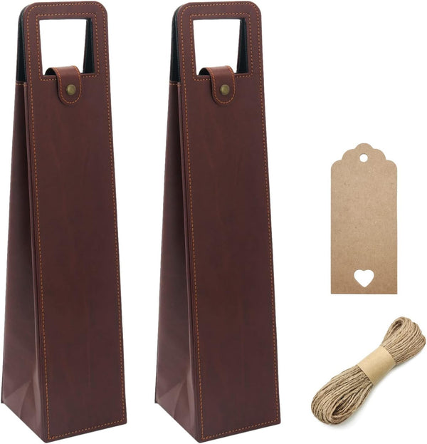 DIWNELEM 2 Pack Leather Wine Tote Bags - Wine Gift Carrier for Champagne, Beer, Tasting Party, Brown