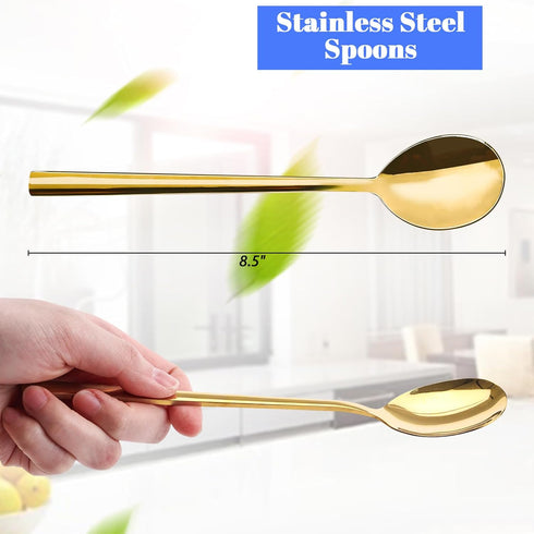 HANSGO 8PCS Stainless Steel Spoons, Soup Spoons Dinner Spoons with Long Handles 8.5 Inch Table Spoons for Kitchen Home Gold