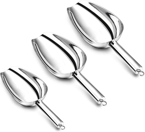 P&P CHEF Stainless Steel Canister Scoop Set of 3, Ice Candy Scoop, Mirror Finish, Dishwasher Safe, Silver, 5+8+12 Oz