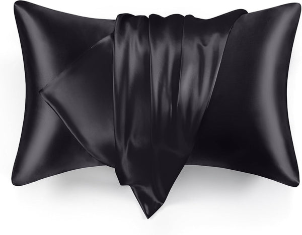 Love's Cabin Satin Pillowcase for Hair and Skin, Queen Size Set of 2, Black, Satin Cooling Pillow Cover
