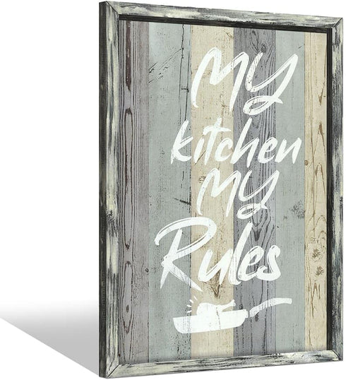 Kitchen Quotes Framed Wall Art: Funny My Kitchen My Rules Wooden Painting