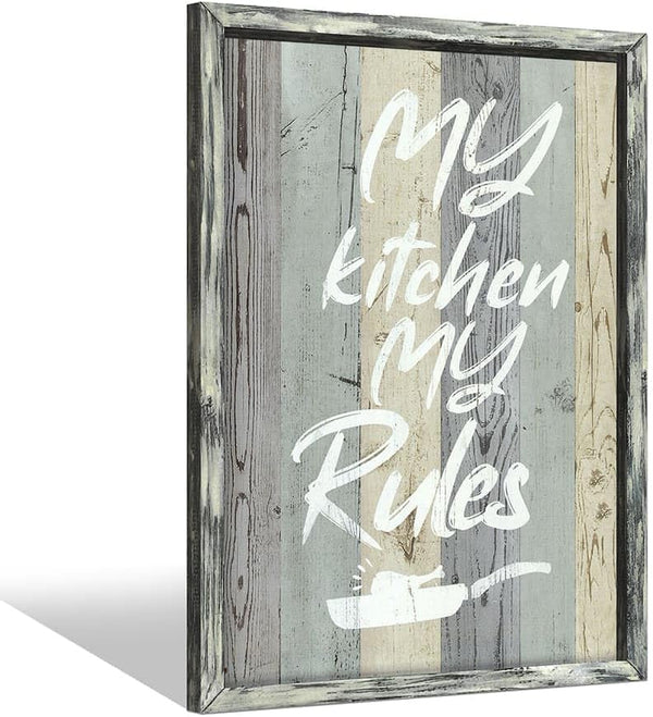 Kitchen Quotes Framed Wall Art: Funny My Kitchen My Rules Wooden Painting