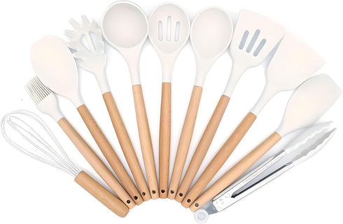 Kitchen Utensils Set, 33 pcs Non-Stick Silicone Cooking Utensils, Heat-Resistant Wooden Gadgets for Cooking, White