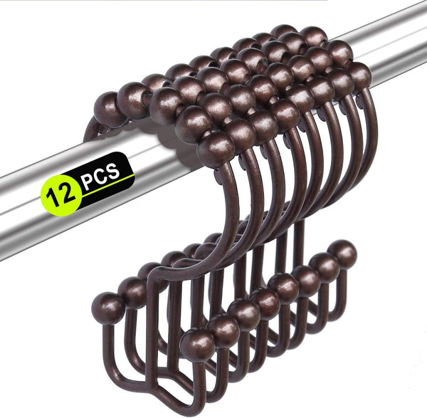 Shower Curtain Hooks Rings for Bathroom, 12PCS Stainless Steel Metal Rust Resistant Double Curtain Hooks (Bronze)