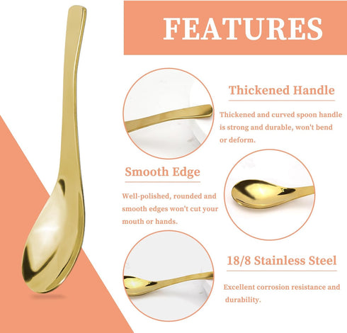 8Pcs Heavy-Weight Thickened Soup Spoons, 18/8 Stainless Steel Silverware for Soup, Ramen, Pho, and Ice Cream (Gold)