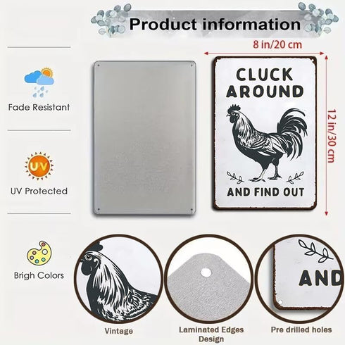 8 12 Inch (3020) Smilelife Funny Chicken Gifts Chicken Cluck Around and Find Out Tin Sign for Home Farm Chicken Coop