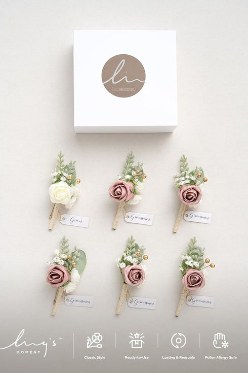 Ling's Moment Boutonniere for Men, 6pcs Groom Groomsmen Boutonniere, Artificial Flowers for Wedding Decor, Pink