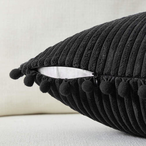 Fancy Homi Pack of 2 Black Lumbar Decorative Throw Pillow Covers with Pom-poms, Soft Corduroy Solid Rectangle Cushion