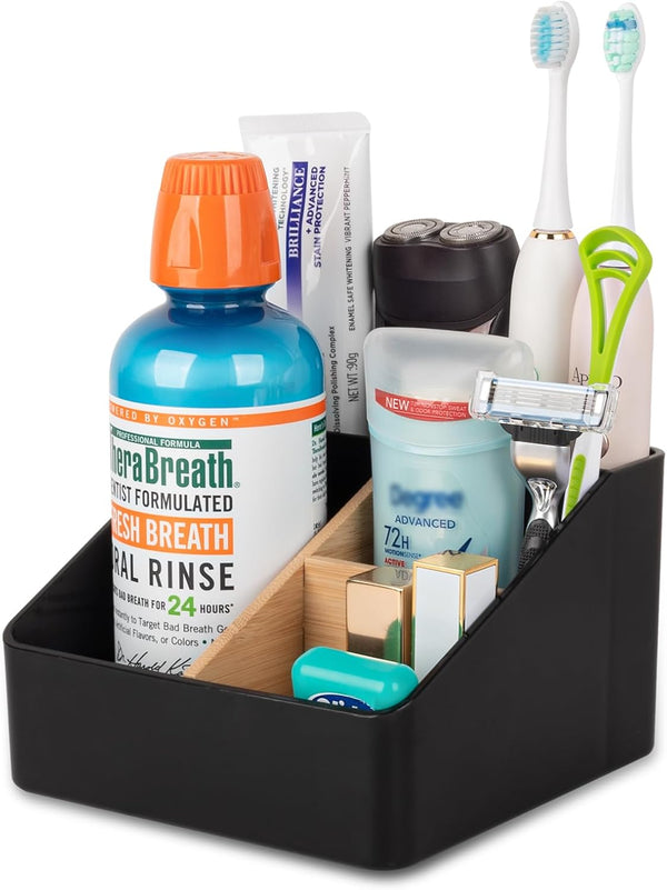 Toothbrush Holder for Bathrooms, 4 Slots with Detachable Bamboo Dividers, Black Organizer