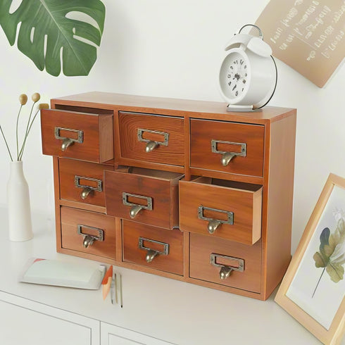Vintage Apothecary Cabinet, 9 Drawers Wooden Organizer for Desktop, Small Chinese Medicine Cabinet