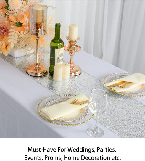 ShinyBeauty 12x48-Inch Silver-Tassel Table Runner, Small Sequined Sparkly Decor for Christmas Dinner