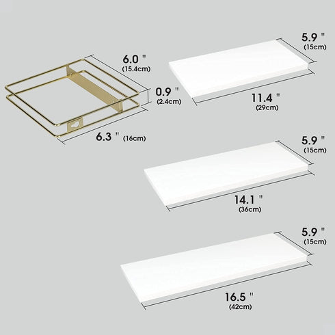 Set 3 MK696C J JACKCUBE DESIGN White Wood Floating Shelves, of Wall Mounted Hanging Shelves with Gold Wire Frames