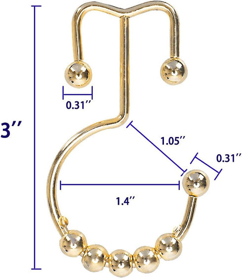 Shower Curtain Hooks Rings for Bathroom, 12PCS Stainless Steel Metal Rust Resistant Double Curtain Hooks (Gold)