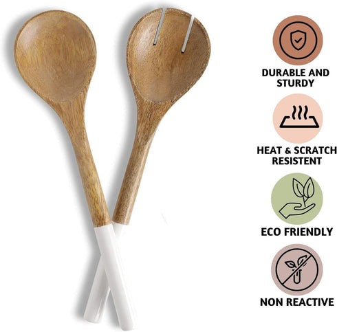 Folkulture Wooden Salad Servers or Tongs - 12-inch Spoon and Fork Set for Serving Salad, Mango Wood, White