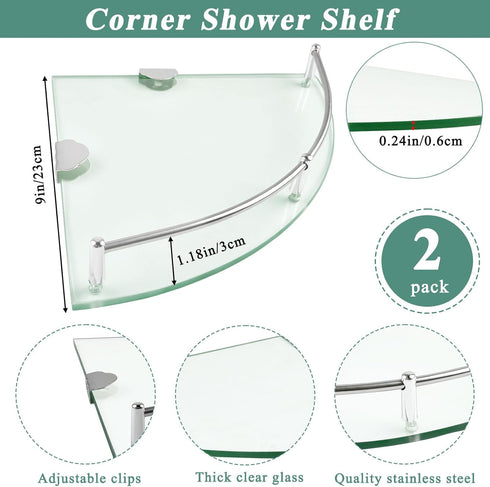Boocalny 2 Pack 9.25x9.25x0.24 Glass Corner Shelf, Corner Shower Shelf with Stainless Steel Rails, Tempered Glass