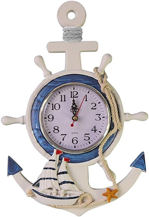 Nautical Wheel Rudder Steering Wheel Decor, Mediterranean Style Anchor Clock Beach Sea Theme Wall Hanging Decoration