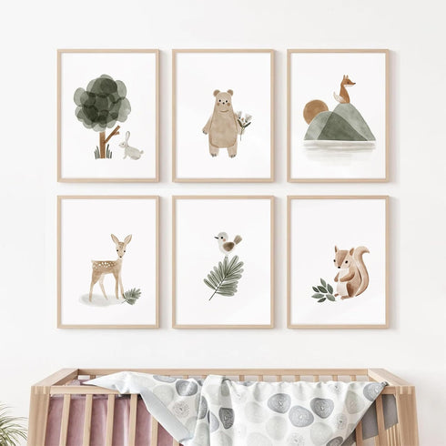 Joocrise Set 6 8x10 Inch Woodland Nursery Wall Art Decor of Animal Canvas Wall Decor Pictures Baby Room Neutral Wall