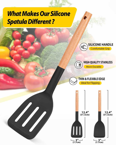 Pack of 2 Silicone Cooking Spatula, Heat Resistant Solid Turner, Non Stick Slotted Spatulas with Wooden Short Handle,Ideal Wood Kitchen Utensils Set for Frying, Baking, Flipping, Turning by BUNDLEPRO