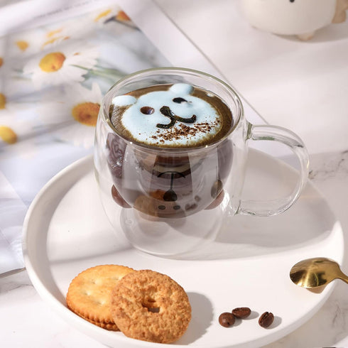 Patelai Cute Bear Tea Cup, Double Wall Glass Milk Coffee Mug with Handle, Insulated Birthday Gift for Women Men (White)