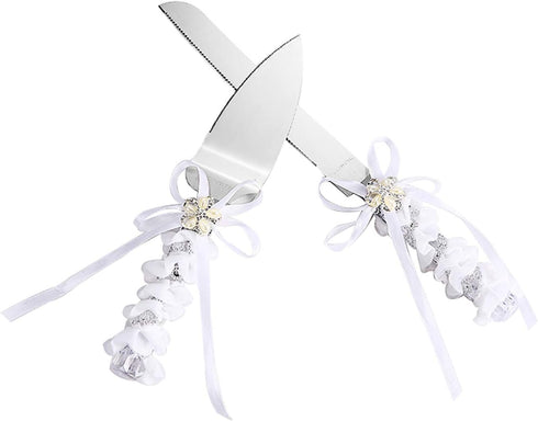 TANG SONG Stainless Steel Wedding Cake Knife and Serving Set - Pearl Flower Shape with Lace Handle