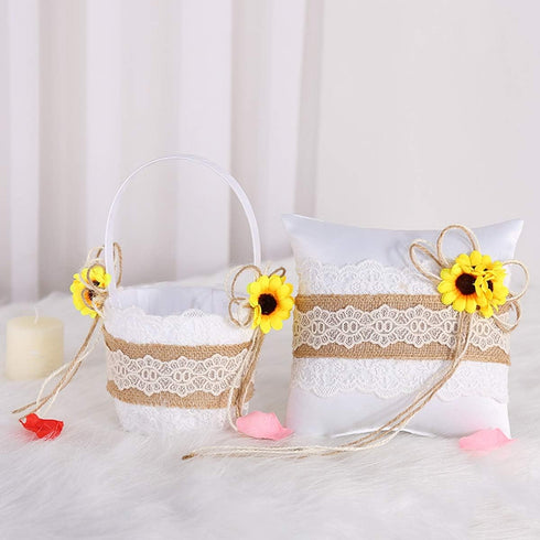 TRUE LOVE GIFT Sunflower Decor - Burlap Lace Ring Bearer Pillow and Wedding Flower Girl Basket Set