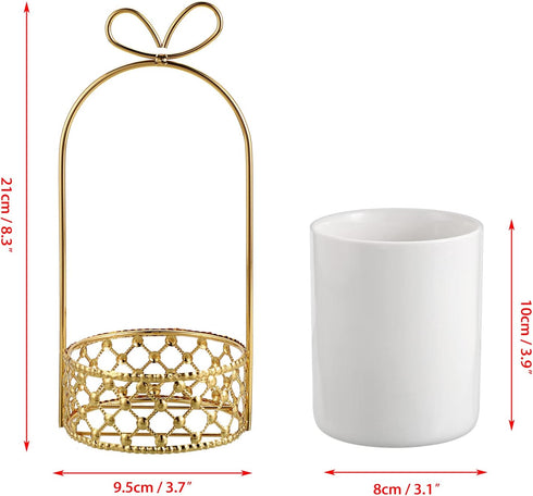 JUXYES Ceramic Silverware Holder for Tabletop, White Cutlery Holder with Golden Metal Bracket for Kitchen