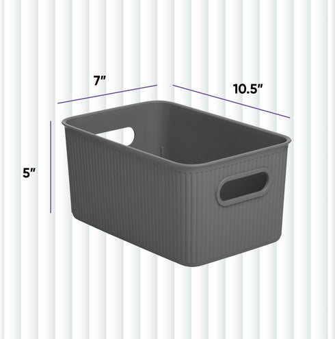 Superio Ribbed Collection Decorative Plastic Open Storage Bins, Medium Grey (2 Pack) for Organizing Closet and Shelves