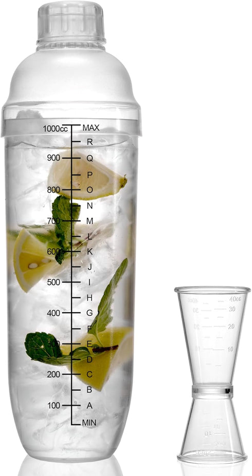 Homestia Plastic Cocktail Shaker with Measuring Jigger Set - 1000cc / 33 oz Clear Plastic Bottle Boba Tea Shaker Cup